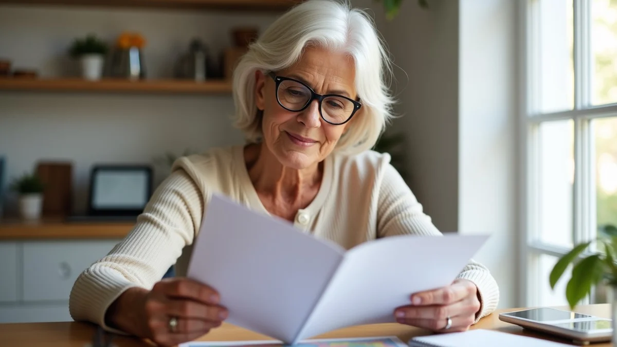 A woman in her late 50s comparing two plain membership brochures at a kitchen table, with a folded Texas road map, reading