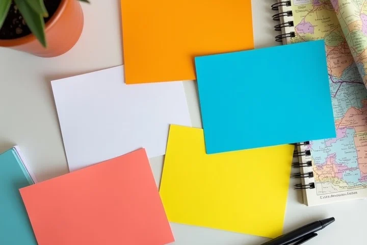 A tabletop still life of four blank colored cards, a notebook, a pen, and a folded Texas road atlas arranged together,