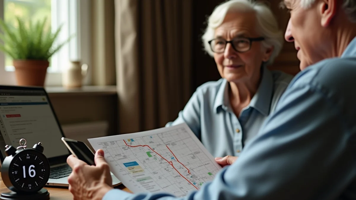 An older adult comparing printed dating profile cards beside a small countdown timer and a Texas neighborhood map, ready to