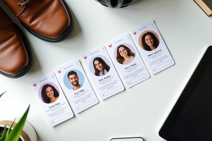 A row of profile cards surrounded by everyday items like walking shoes, a book, and a bicycle helmet, illustrating visible