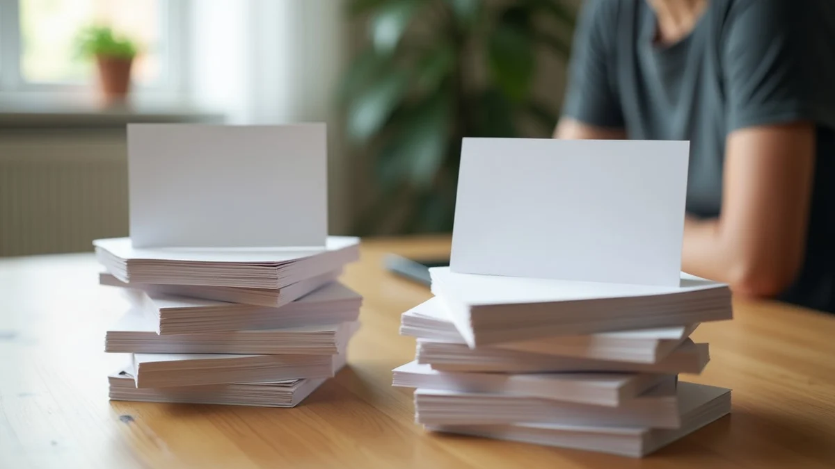 A thoughtful older single weighing two organized piles of blank profile cards on a dining table, one pile simple and