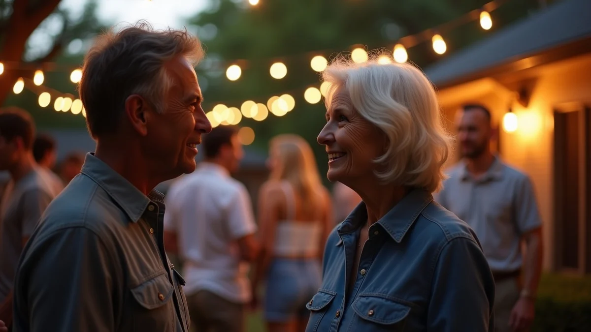 A mature man and woman talk at a neighborhood backyard gathering, with friends and neighbors mingling softly behind them