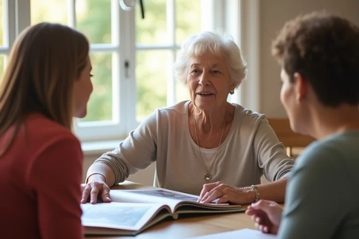An older woman speaks with two friends in a bright community room, a closed wedding album and a blank notebook on the table