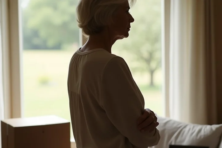 A thoughtful woman in her early 50s standing by a sunlit window in a Texas home, hands relaxed at her sides, with softly