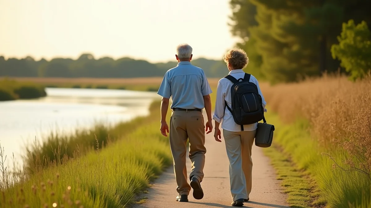 Two retired adults stroll along a sunny Texas riverside trail, talking at an easy pace with a small day bag and walking