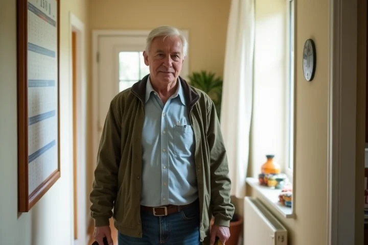 A retired man stands in a sunlit home hallway, wearing casual clothes and holding gardening gloves, with a wall calendar,