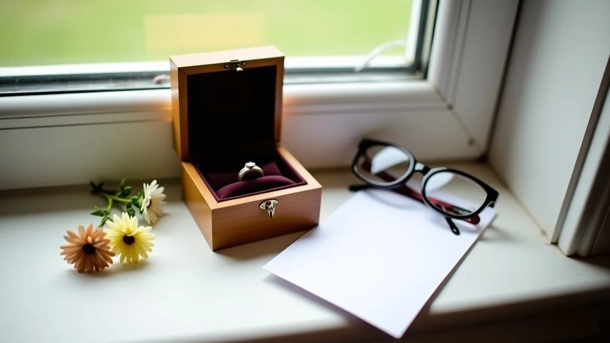 A small wooden keepsake box opened beside a wedding ring, reading glasses, and a blank invitation card on a Texas