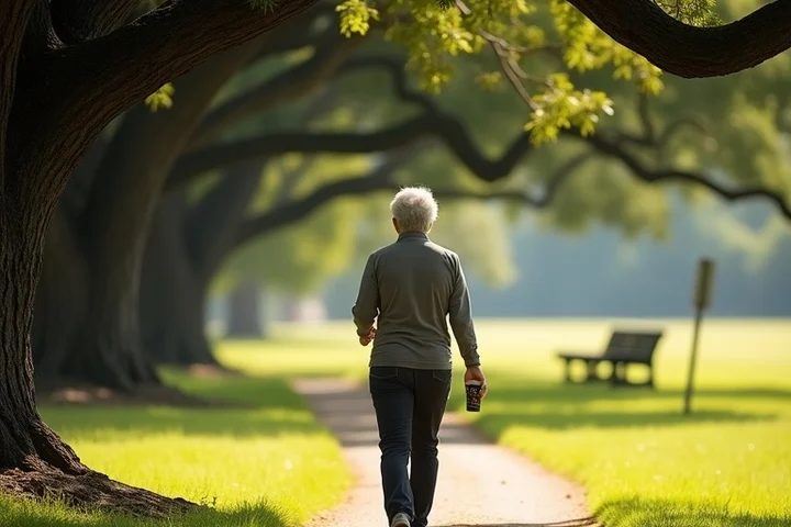 A widowed person over 50 walking alone on a shaded Texas trail, pausing under live oaks with a takeaway cup and a distant