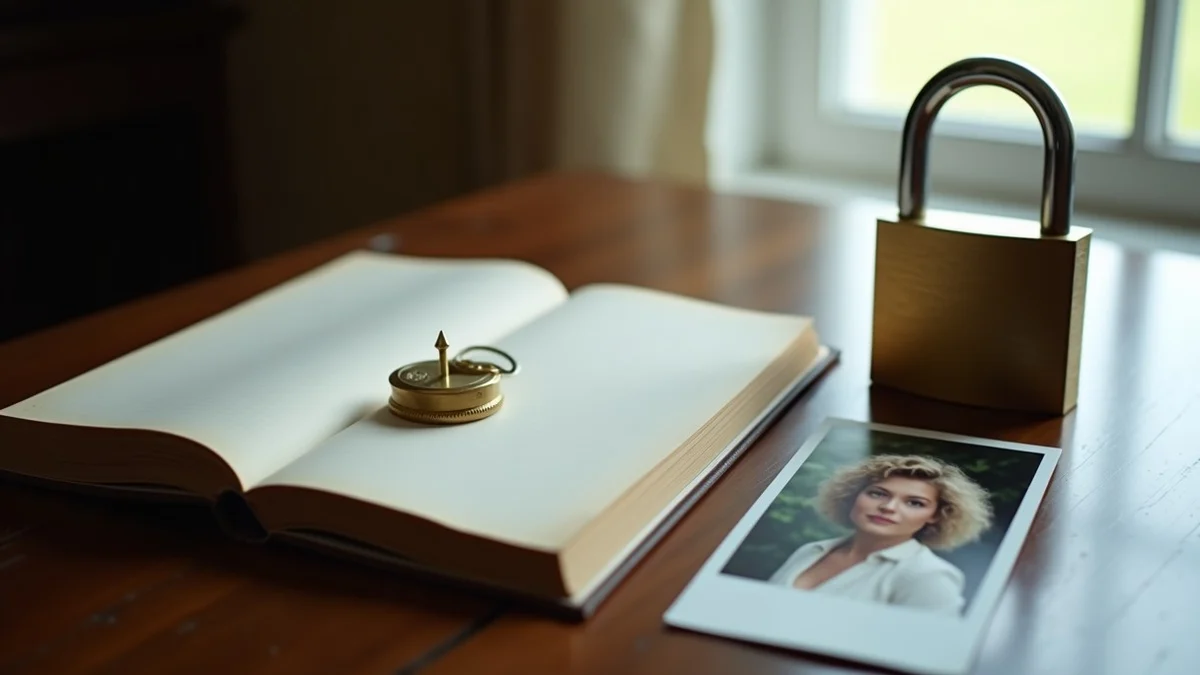 A locked address book beside face-down photo prints, a sealed envelope, and a brass padlock on a wooden table, soft window