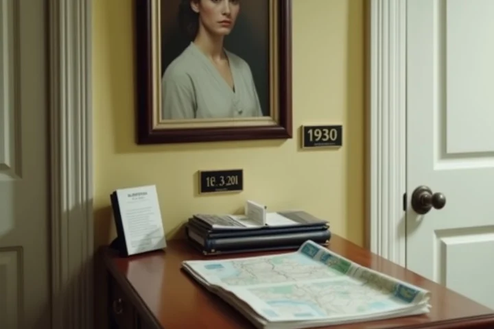 A face-down framed portrait beside a covered house-number plaque and a closed desk drawer, with a folded paper map and a