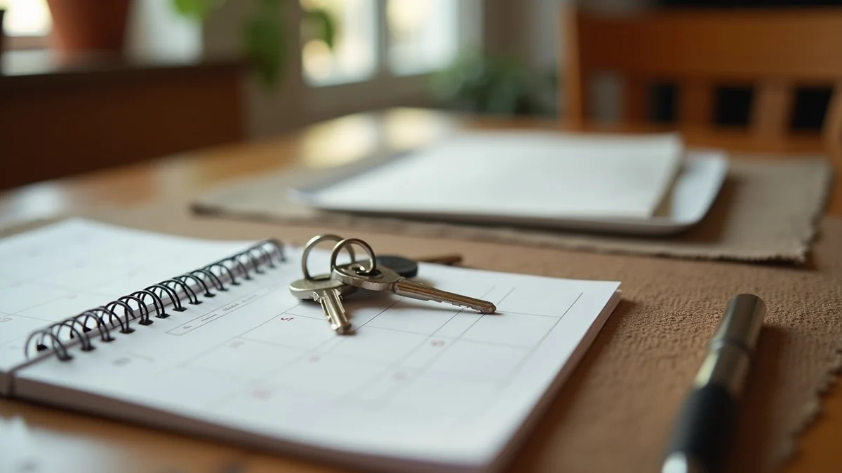 A neatly organized kitchen table with a family calendar, house keys, sealed envelopes, and a dinner placemat, showing dating