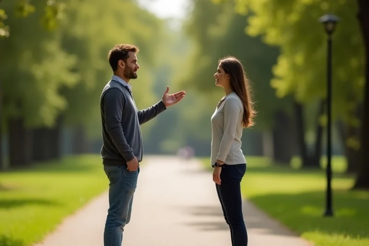 Two adults standing a respectful distance apart on a park path, one holding up an open hand to pause, showing clear dating