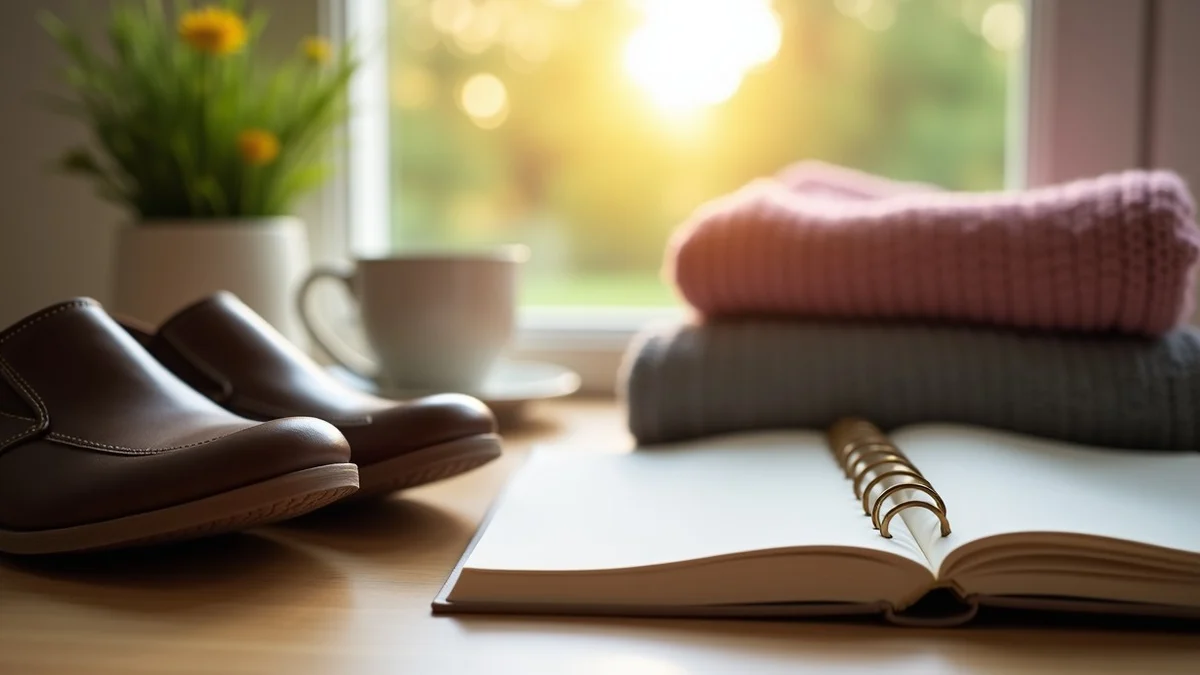 A pair of comfortable walking shoes beside a fresh notebook and a folded sweater on a tidy entry table, symbolizing small