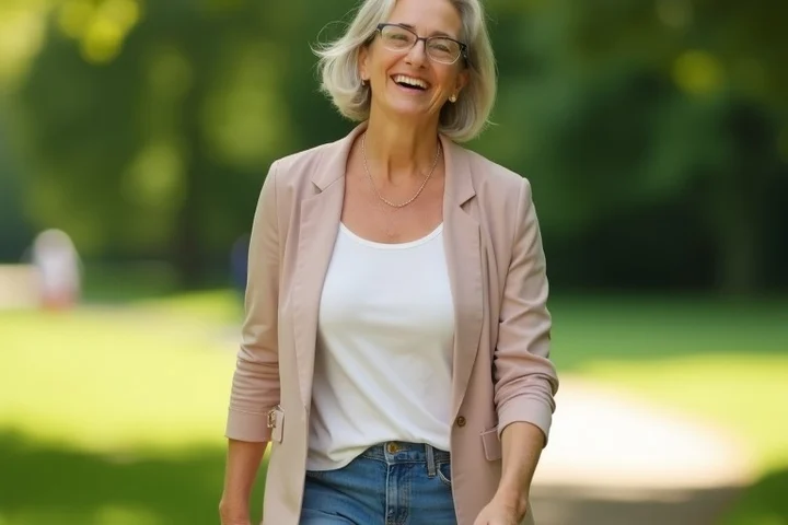 A woman in her 50s walking into a sunny park meetup with relaxed posture and an open smile, showing dating confidence after