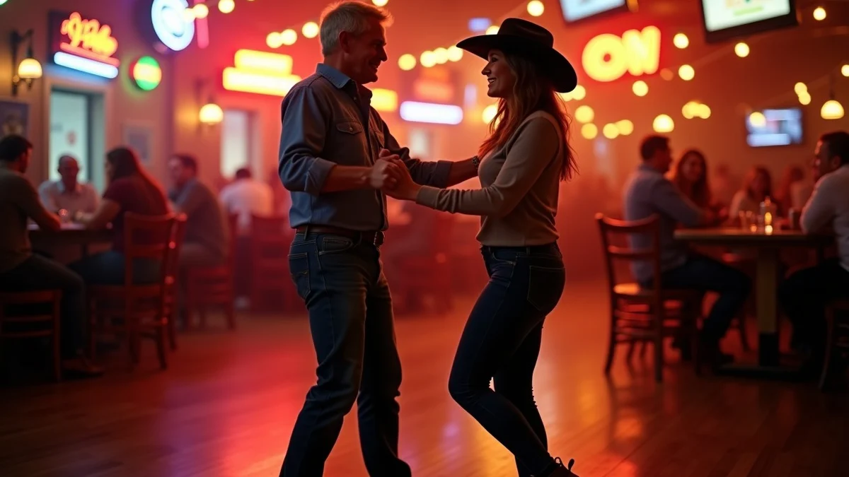 A man in his 50s inviting a woman onto a Texas two-step dance floor at a lively honky-tonk, relaxed posture and mutual eye
