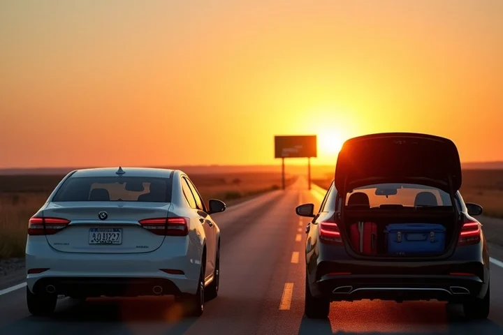 Two Texas cars parked at a highway rest stop between cities at sunset, luggage open in one trunk and an unreadable highway