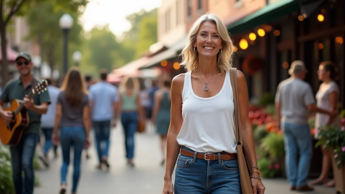 A woman in her 50s meeting a date at a bustling Texas farmers market, holding her own tote and smiling with easy confidence,