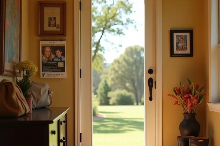 A sunlit Texas home entryway with a work bag, a travel calendar, gardening gloves, family photo frames, and boots by the
