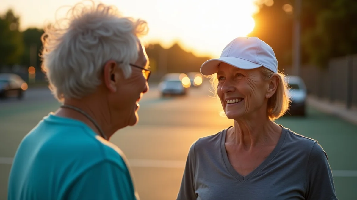 Two adults over 50 chatting after a pickleball session at an Arlington recreation center, with stadium lights glowing in the