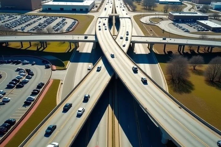 A divided Metroplex roadway around Arlington with overpasses, parking lots, and cars heading in separate directions, evoking