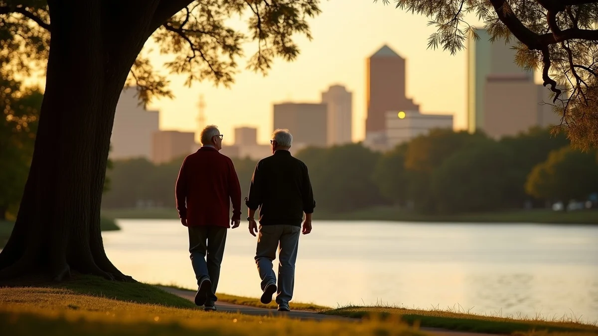 Two adults over 50 chatting while walking past live oaks along Lady Bird Lake in Austin at golden hour, downtown skyline in