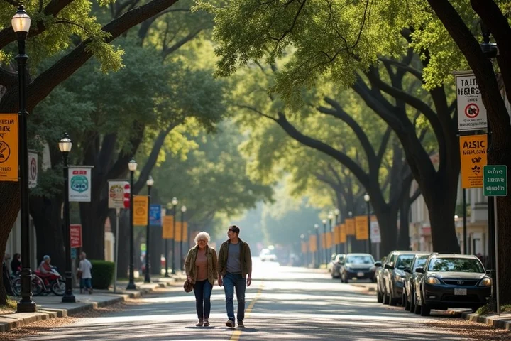 Austin neighborhood street scene with live oaks, a museum entrance, a small music venue, and mature adults heading to an