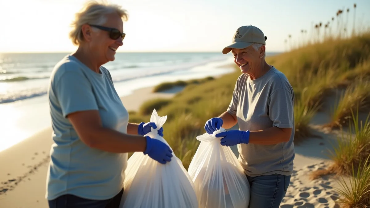 Two adults over 50 loading trash bags after a beach cleanup on the Corpus Christi shoreline, with bay water, dunes, and