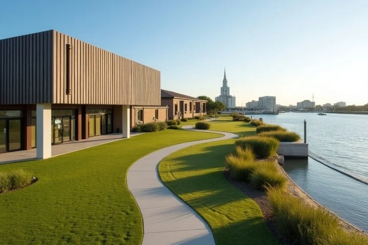 A compact Corpus Christi waterfront district with the modern facade of the Art Museum of South Texas, a nearby park path,