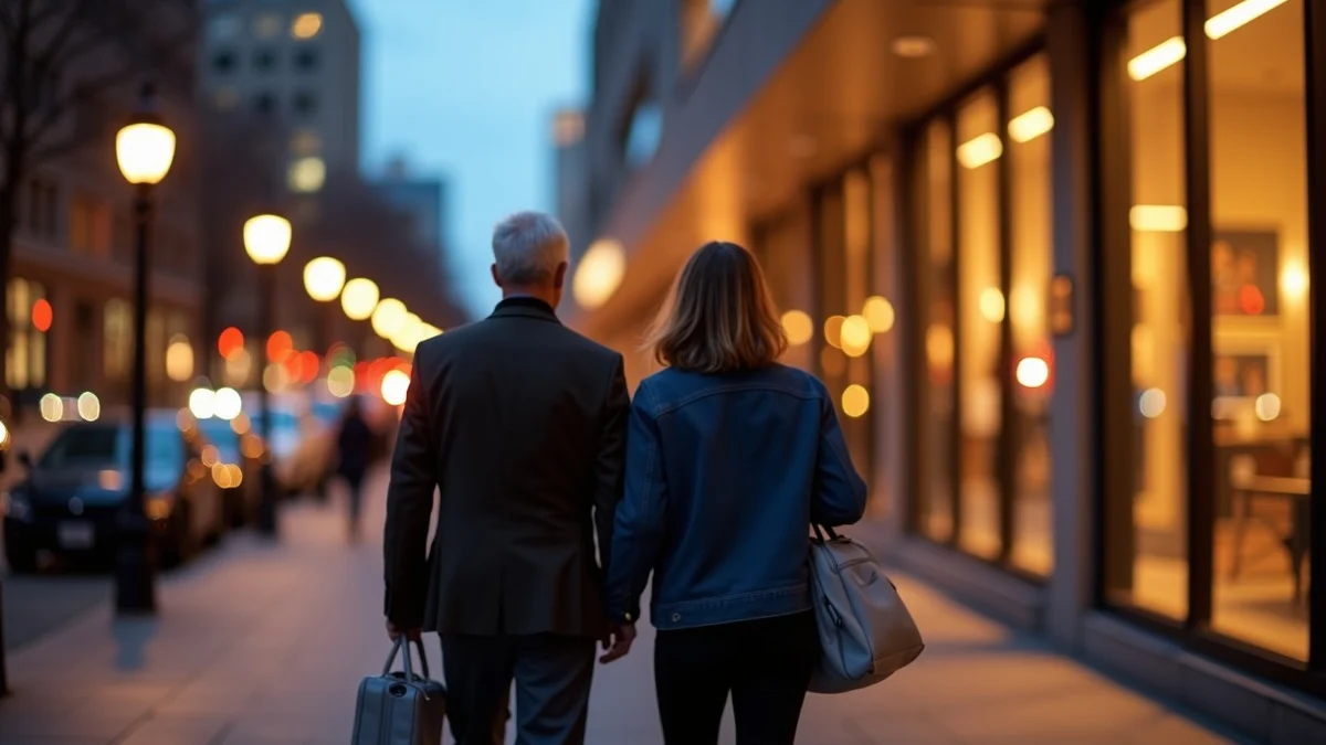 A mature Dallas couple arriving at an evening museum program downtown, walking past a modern cultural building and city