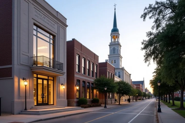 A quiet Dallas street showing a museum facade, public library steps, a neighborhood community center, and a church steeple