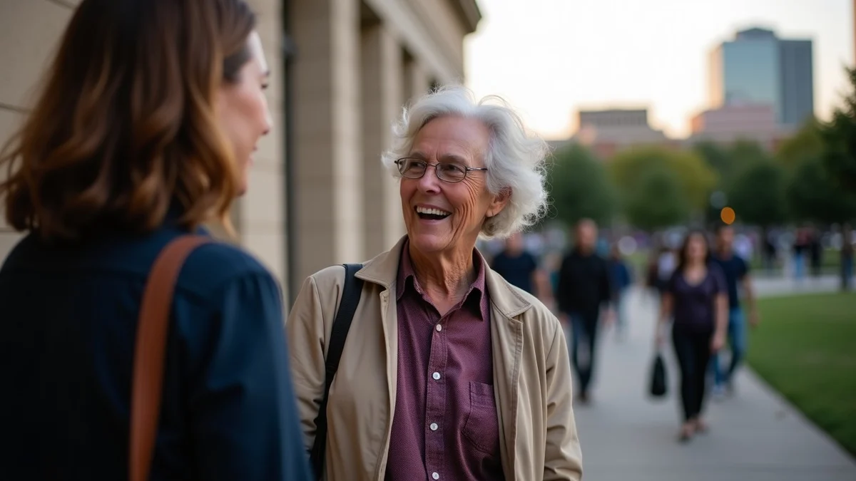 A single adult over 50 greeting familiar faces outside a Fort Worth Cultural District museum after an arts event, with a