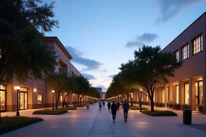 The Fort Worth Cultural District at dusk with museum architecture, broad sidewalks, trees, and a few walkers, a