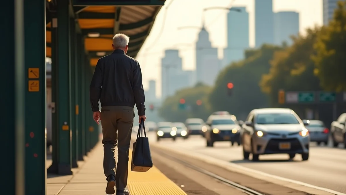 A mature Houston dater stepping off a light rail platform near downtown, with the skyline and busy traffic in the