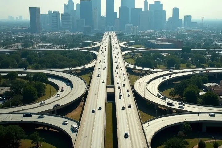 A wide Houston freeway interchange stretching between downtown towers and distant suburbs, with long traffic lanes, heat