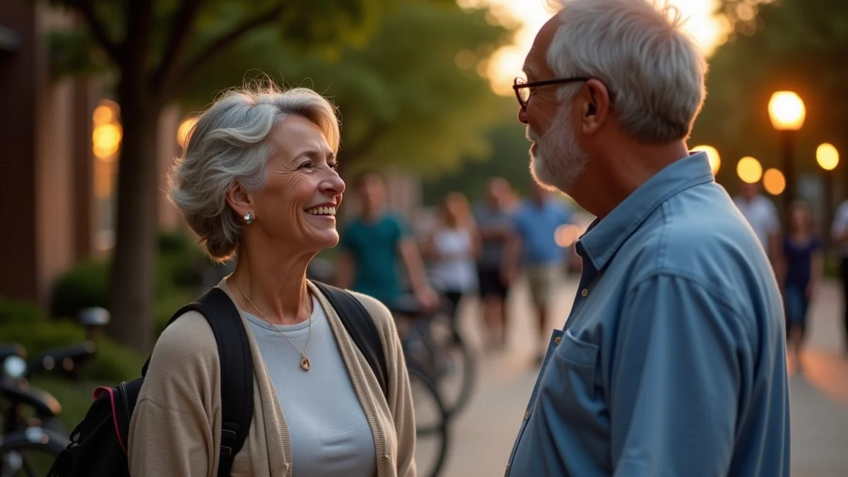 Two adults over 50 chatting after an evening class outside the Plano Public Library, with a tree-lined suburban plaza,
