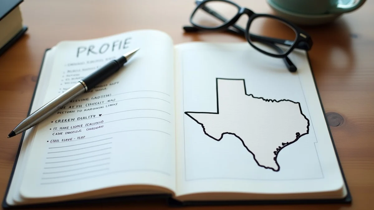 An open notebook with profile notes, a pen, reading glasses, and a small outline map of Texas on a clean wooden table,