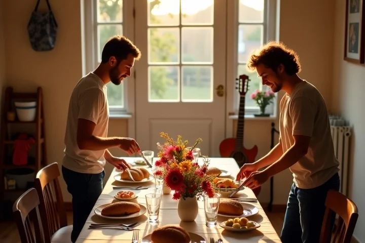 Two adults setting a Sunday dinner table, with fresh bread, served dishes, a vase of flowers, a guitar leaning in the