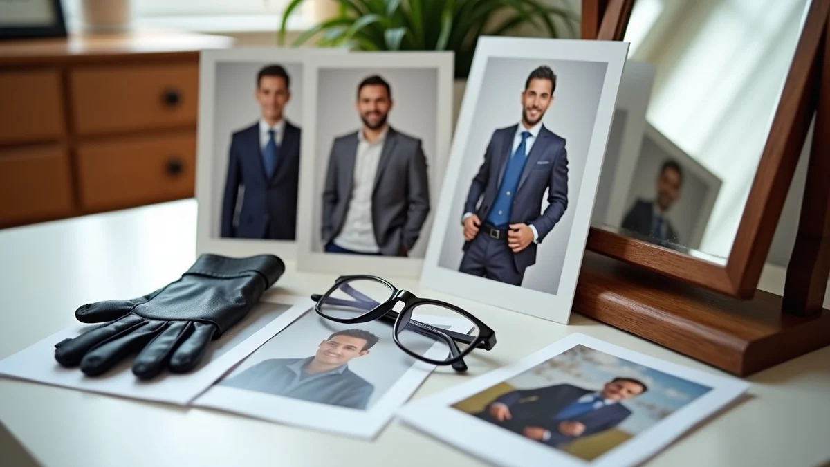 Three printed portrait photos beside a mirror, a pair of glasses, a blazer, walking shoes, and garden gloves, arranged to