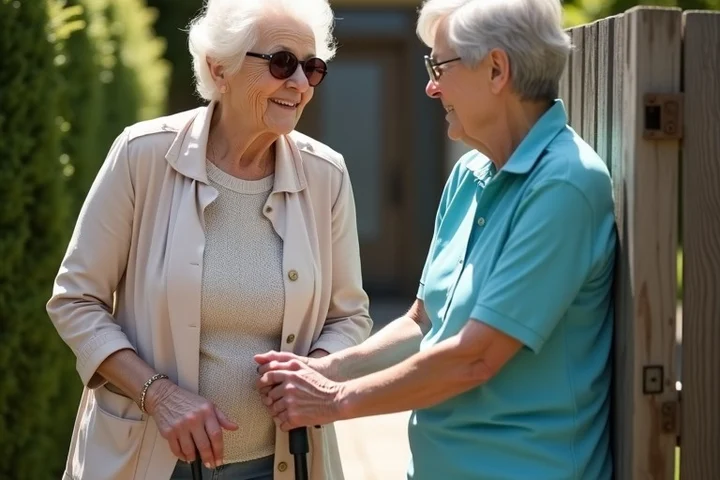 An older woman greeting a friend at a front gate, both in everyday clothes, with the woman wearing her usual glasses and