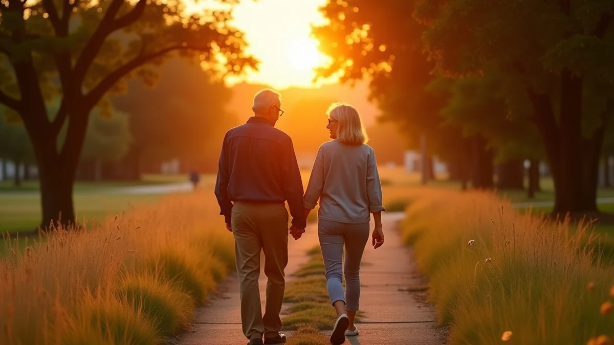 Two older adults on a first-date walk along a Texas neighborhood trail at sunset, talking with easy distance and relaxed