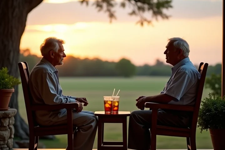 Two older adults sit on separate wooden chairs on a shaded porch, sharing a quiet conversation with a comfortable pause