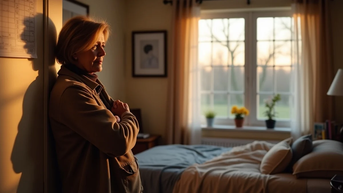 A middle-aged woman closes her coat beside a wall calendar and a quiet bedroom door while her elderly parent rests in the