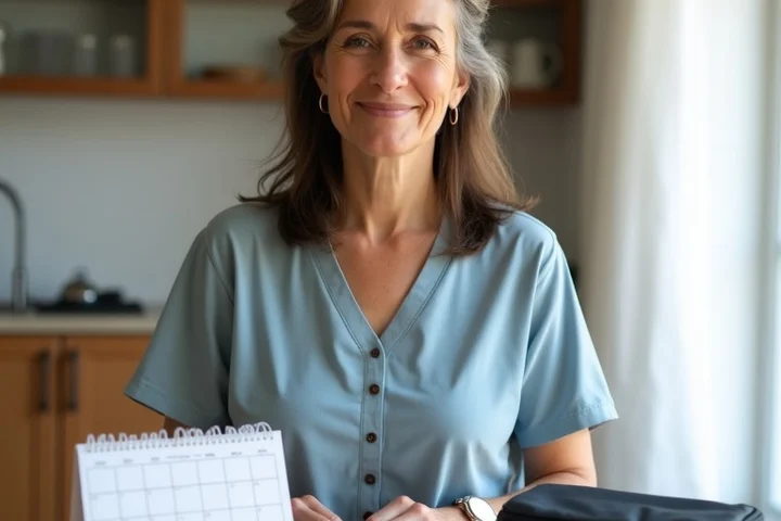 A calm caregiver stands at a kitchen table beside a paper calendar, a pill organizer, and a small overnight bag, showing