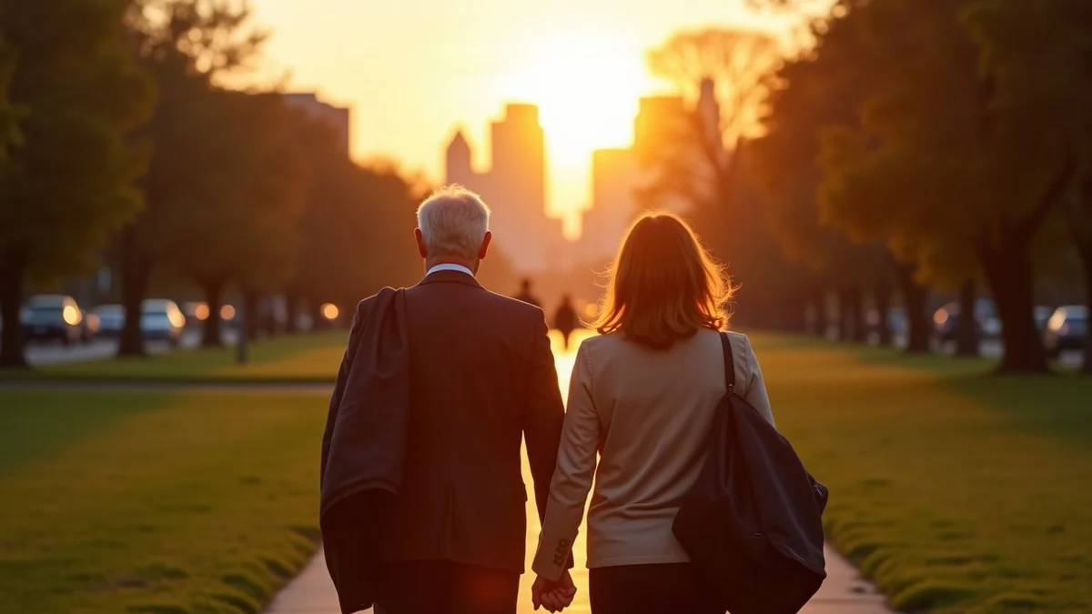 Two adults in their fifties take a short sunset walk through a downtown park after work, both in office clothes with jackets