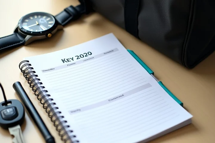 A paper planner, wristwatch, car keys, and a packed overnight bag sit on a clean desk with one highlighted evening open,