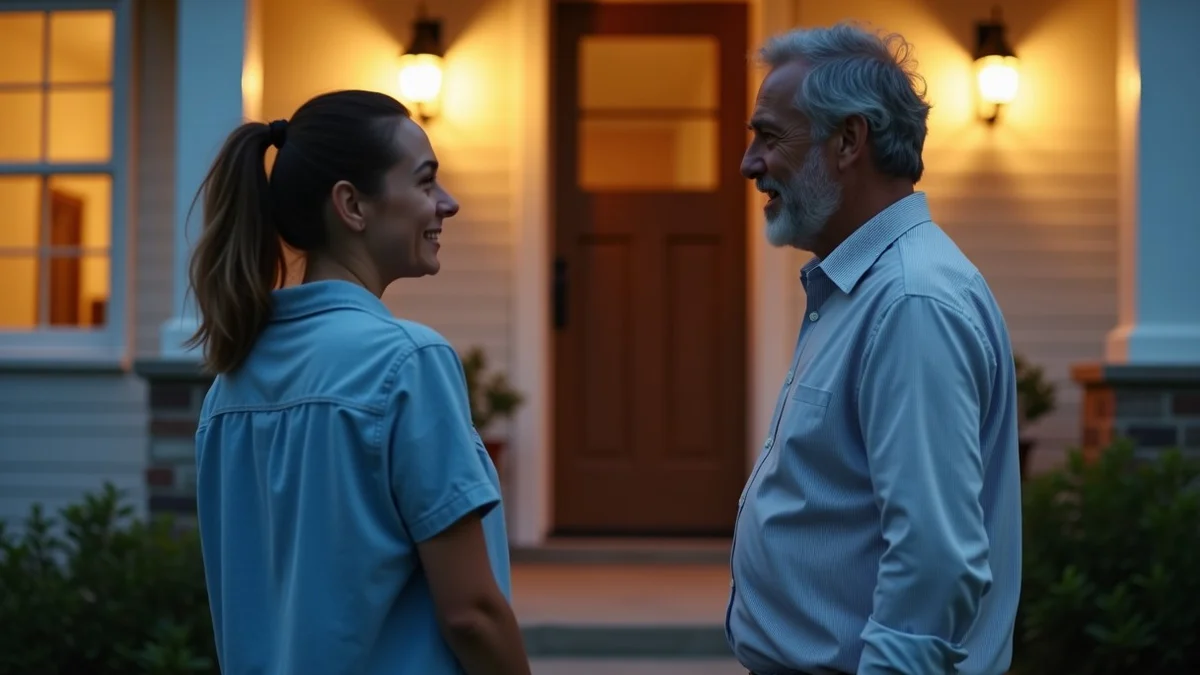 A middle-aged parent introducing a new partner to an adult child on a front porch, all three standing relaxed with polite