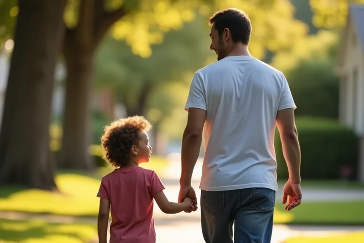 A parent and grown child walking side by side on a tree-lined neighborhood path, the child speaking with a concerned gesture