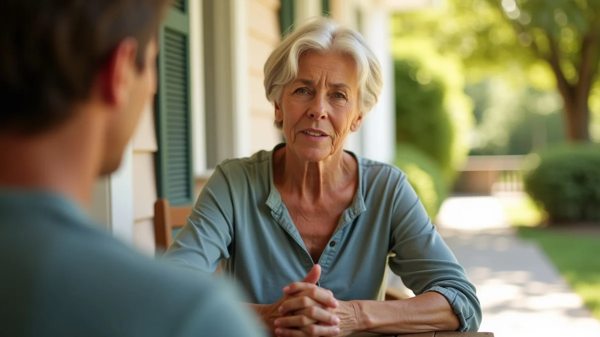 A thoughtful woman over 50 speaks calmly on a sunlit porch, hands loosely folded and eyes focused on someone just off