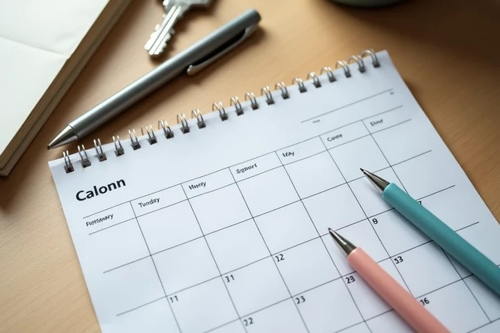 A paper calendar, two pens, and an unopened envelope lie beside a notebook on a dining table, with two different schedule