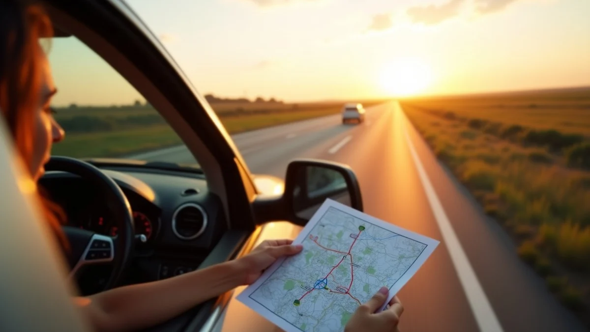 A driver checking a paper route map beside a car on a Texas highway shoulder, distant city traffic and wide open road in the